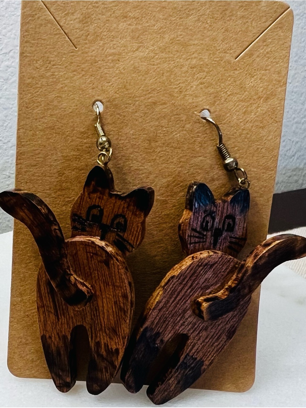 Vintage Handmade 3D Wooden Cat Earrings